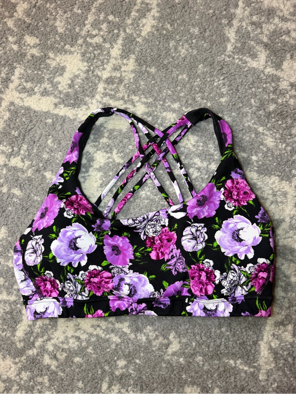 Victoria's Secret Black Floral Strappy Sports Bra with Purple Accents - Picture 2 of 6